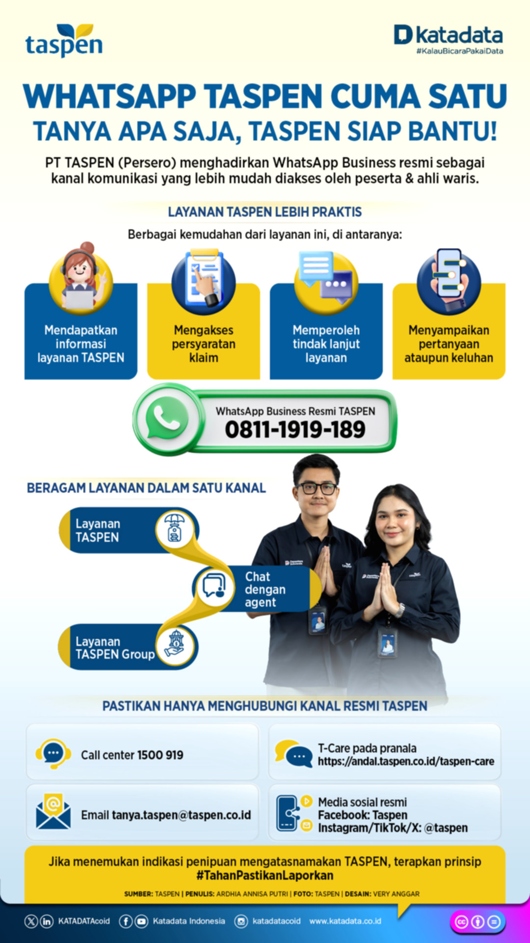 Tampilan antarmuka aplikasi WhatsApp pada layar ponsel pintar untuk layanan pelanggan TASPEN