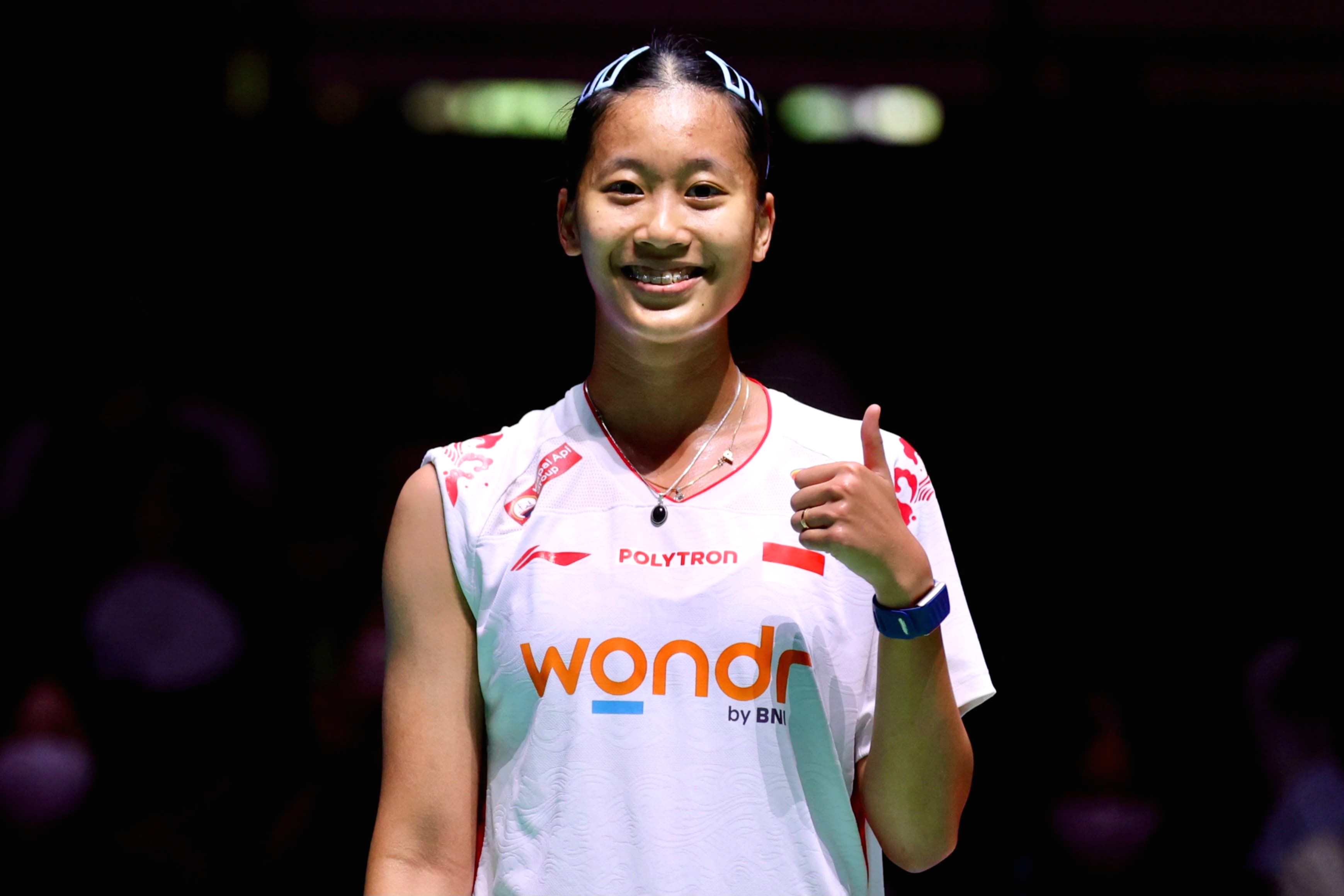 Putri Kusuma Wardani melakukan selebrasi setelah mengalahkan Wang Zhi Yi di perempat final Japan Open 2026.