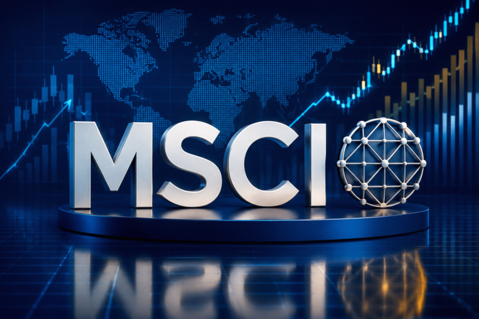 Logo MSCI dengan latar belakang grafis data pasar saham yang mencerminkan pembaruan metodologi indeks global