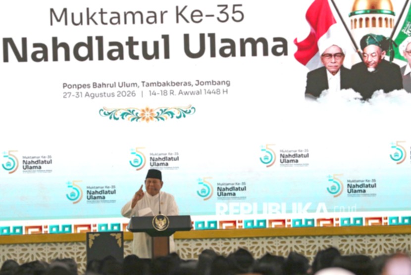 Presiden Prabowo Subianto saat memberikan pidato dalam Muktamar ke-35 Nahdlatul Ulama di Jawa Timur.