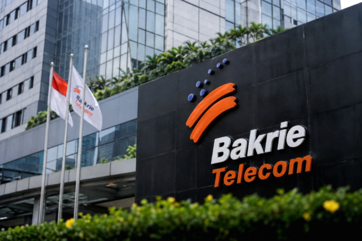 Logo PT Bakrie Telecom Tbk dan gedung perkantoran di Jakarta
