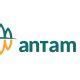 Logo PT Aneka Tambang Tbk atau Antam dengan latar belakang area pertambangan