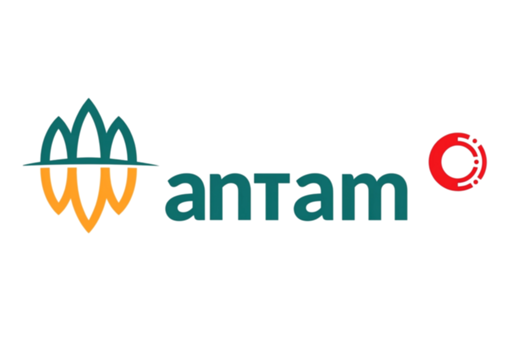 Logo PT Aneka Tambang Tbk atau Antam dengan latar belakang area pertambangan