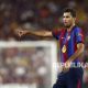 Raphinha merayakan gol pembuka untuk Barcelona saat laga melawan Athletic Club di Stadion Camp Nou.