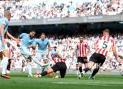 Pemain Manchester City merayakan kemenangan 5-3 atas Sunderland di Stadion Etihad.