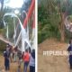 Bupati Pangandaran Citra Pitriyami saat meninjau lokasi Jembatan Gantung Pongpet yang miring setelah peresmian.